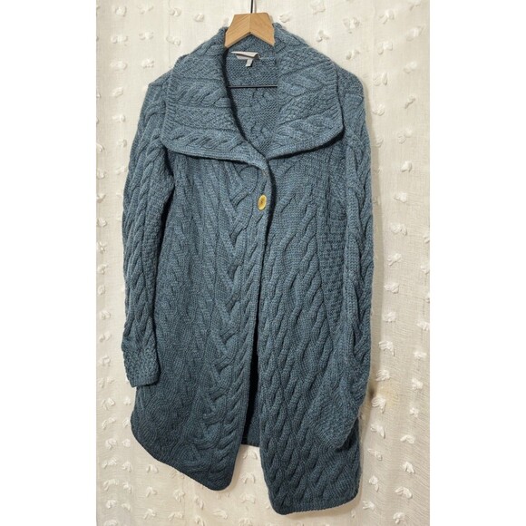 Aran Woolen Mills Super Soft Merino Wool Long Cardigan Sweater Cable Knit Blue - Picture 3 of 6